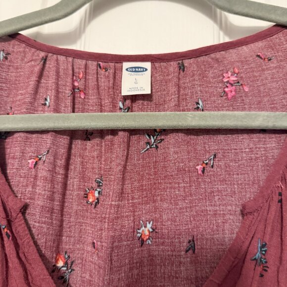 Old Navy Cherry Red Peasant Shirt w/ Roses Size Large - Picture 3 of 5
